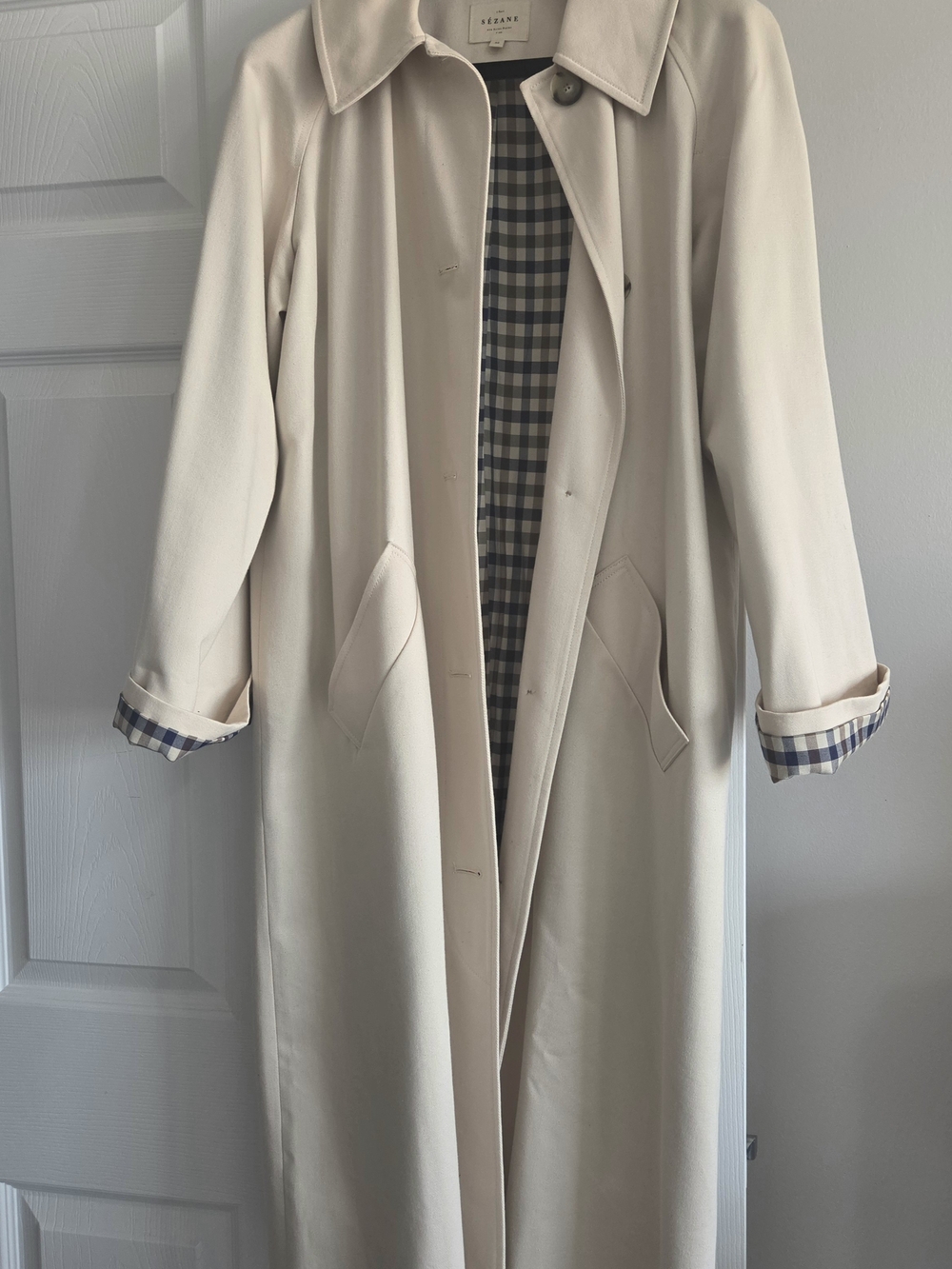 ​Sézane Clyde Trench Coat Light Beige Oversized Check Lined FR 36 US 4